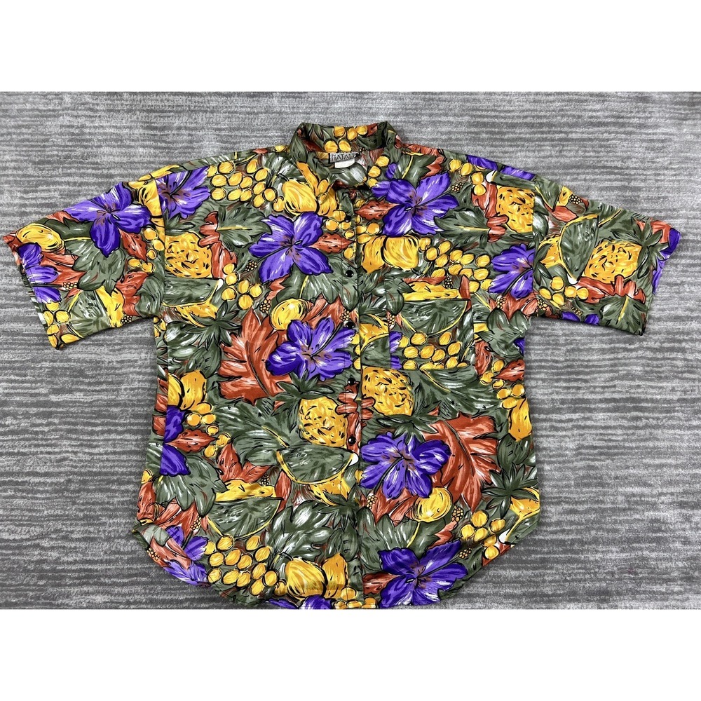 Natalie Button Down Womens Large Multicolor Tropical Fruit Floral Hawaiian Shirt